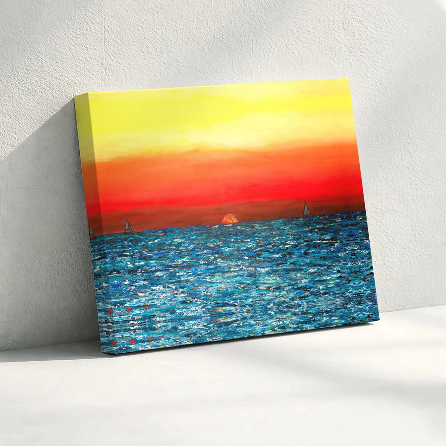 Ocean Sunset Wall Art Canvas | Impressionist Sailboat Seascape | Premium Gallery Wrapped Print | Coastal Home Decor for Living Room