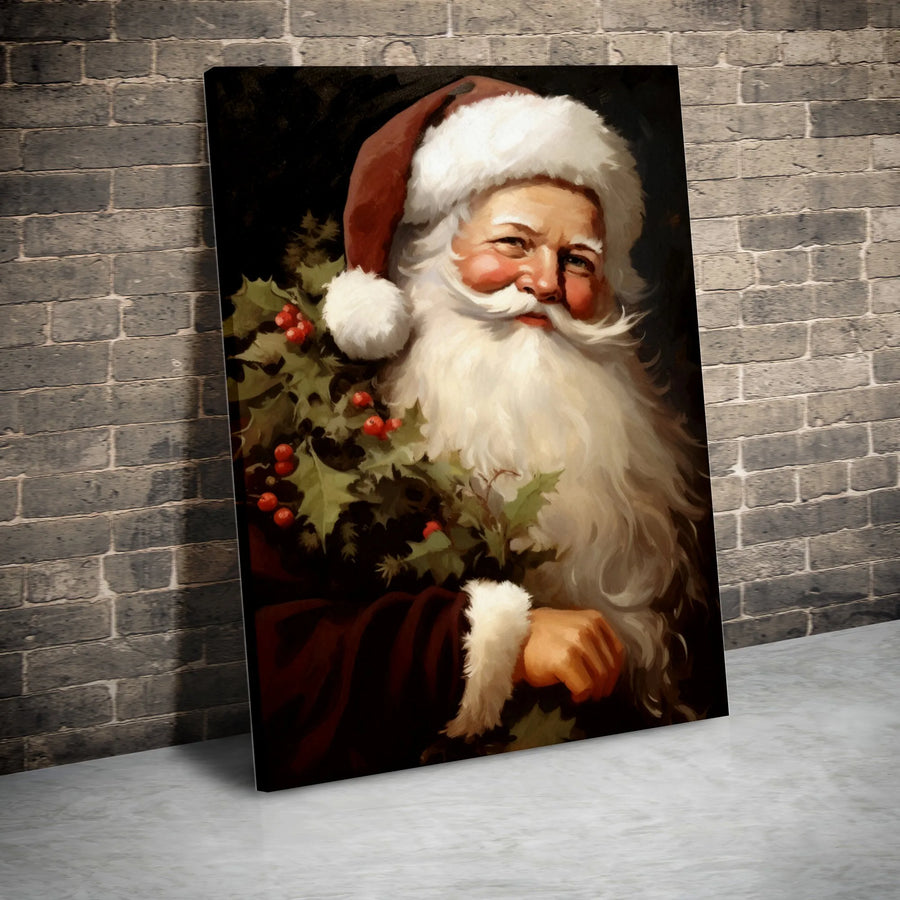 Vintage Santa Claus Wall Art | Traditional Christmas Portrait with Holly | Premium Gallery-Wrapped Canvas | Holiday Home Decor Gift