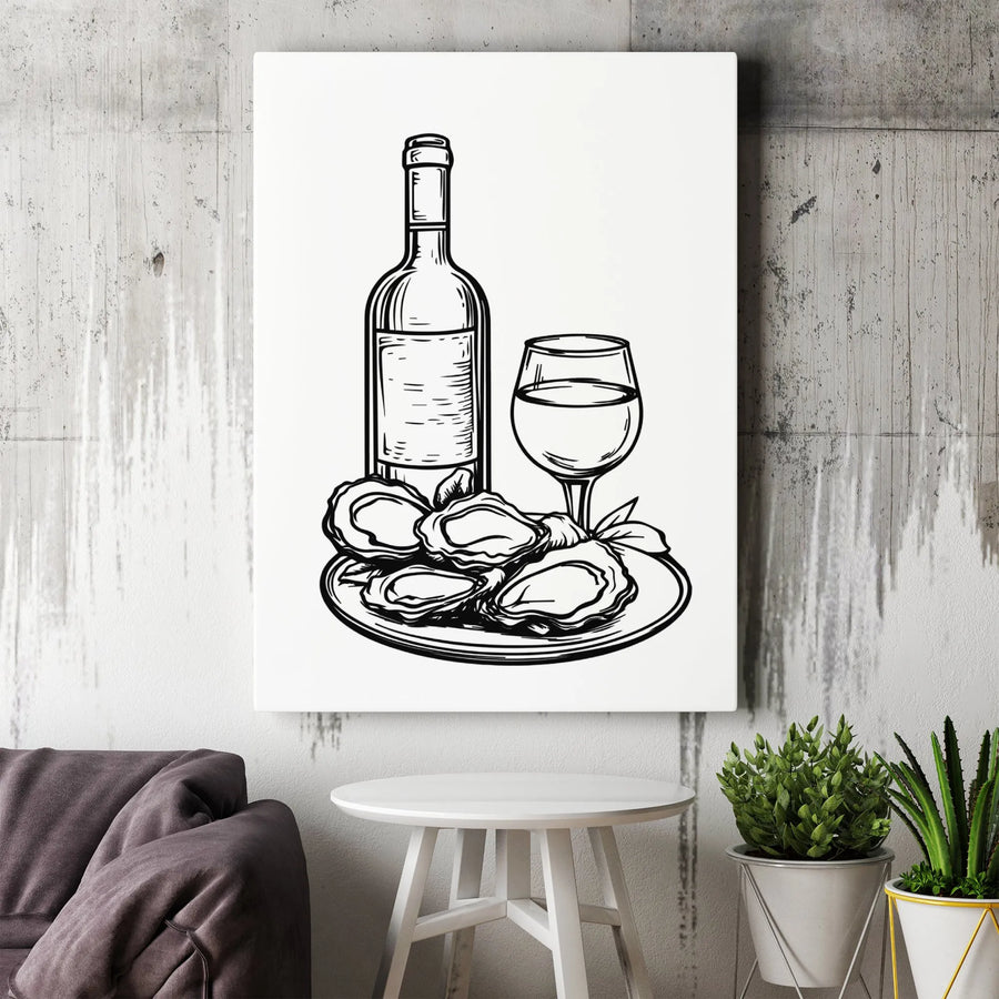 Wine and Oysters Wall Art | Minimalist Line Drawing Kitchen Decor | Premium Gallery Wrapped Canvas | Elegant Dining Room Gift for Foodies