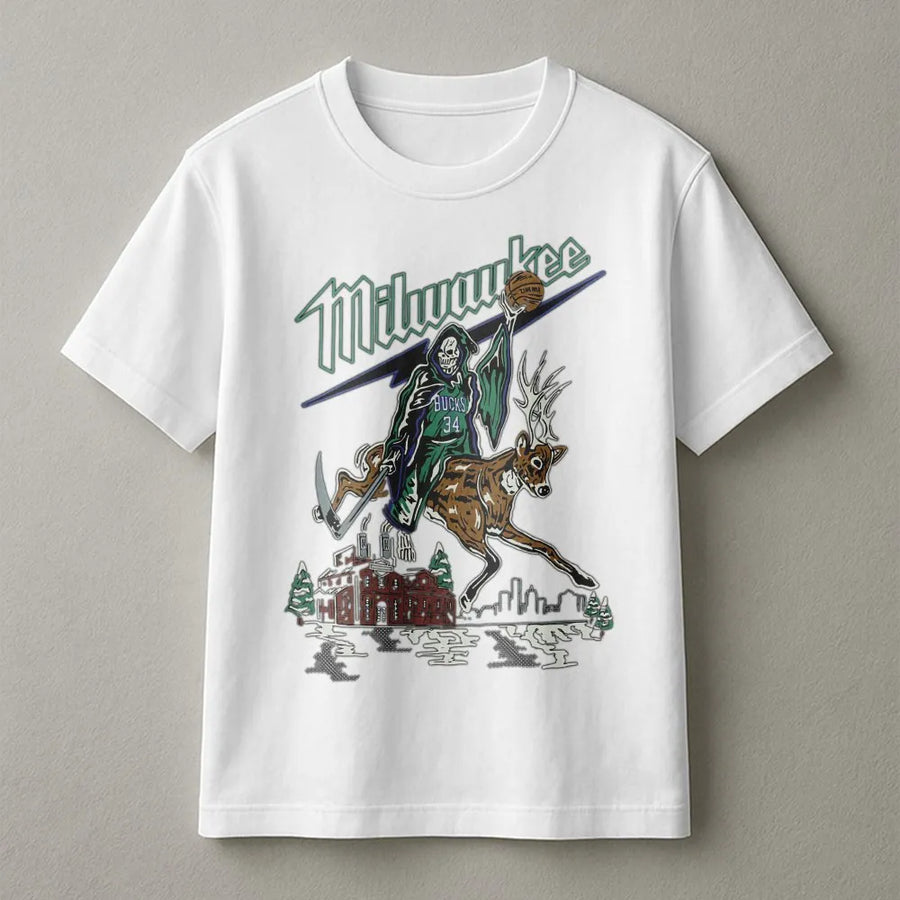 Milwaukee Bucks Grim Reaper Deer T-Shirt – Giannis 34 Basketball Streetwear Graphic T-Shirt, Nba Fan Gift, Vintage Milwaukee Bucks T-Shirt