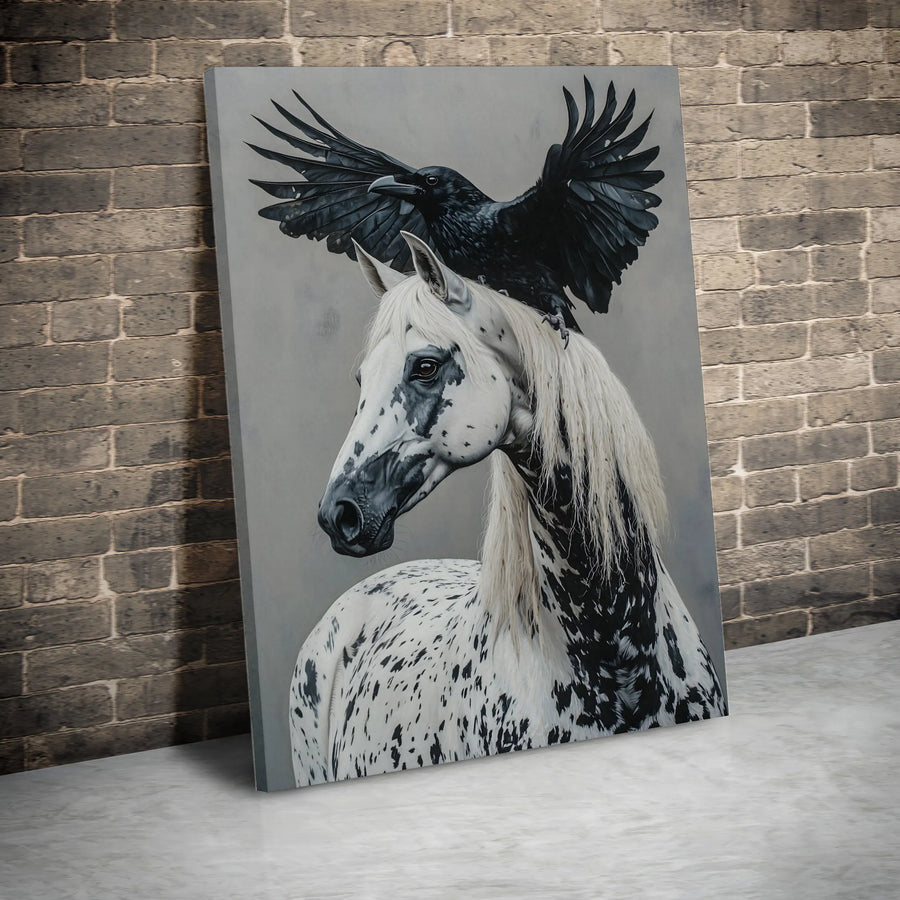 Appaloosa Horse Wall Art | Raven Bird Gothic Oil Painting Style | 1.25 Inch Premium Gallery Wrapped Canvas | Moody Home Decor Gift