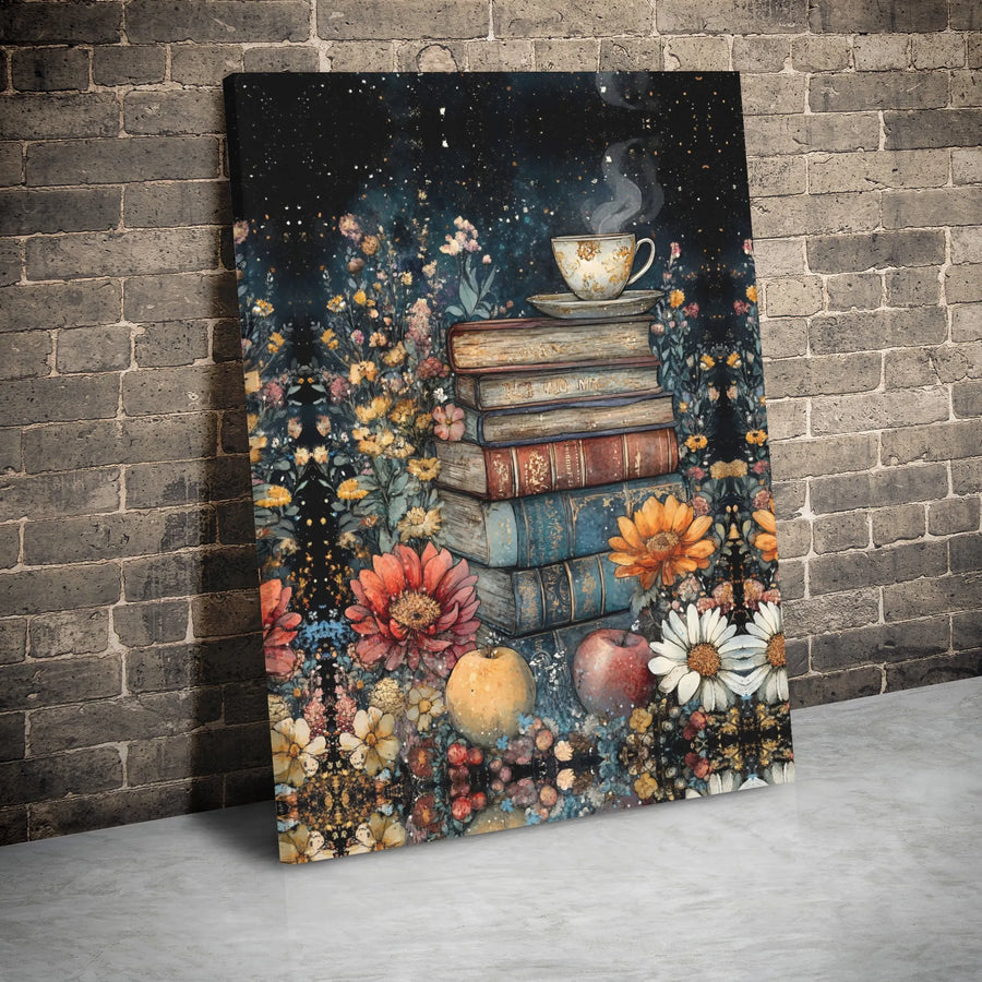 Books And Tea Canvas Print | Moody Botanical Library Wall Art | Premium Gallery Wrap Decor | Gift For Readers And Book Lovers