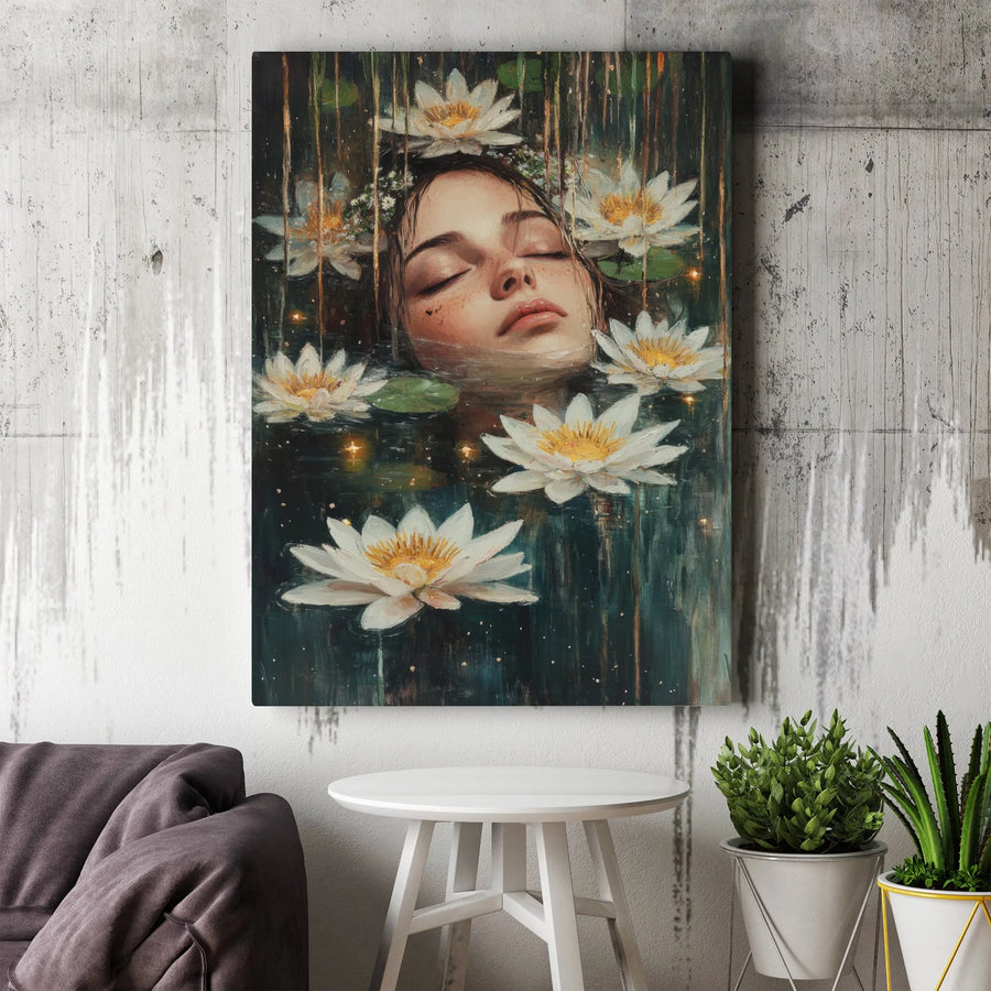 Water Lily Woman Canvas Wall Art | Ethereal Floral Portrait, Dreamy Ophelia Inspired Artwork | Premium Gallery Wrapped Canvas | Boho Bedroom & Spa Decor Gift