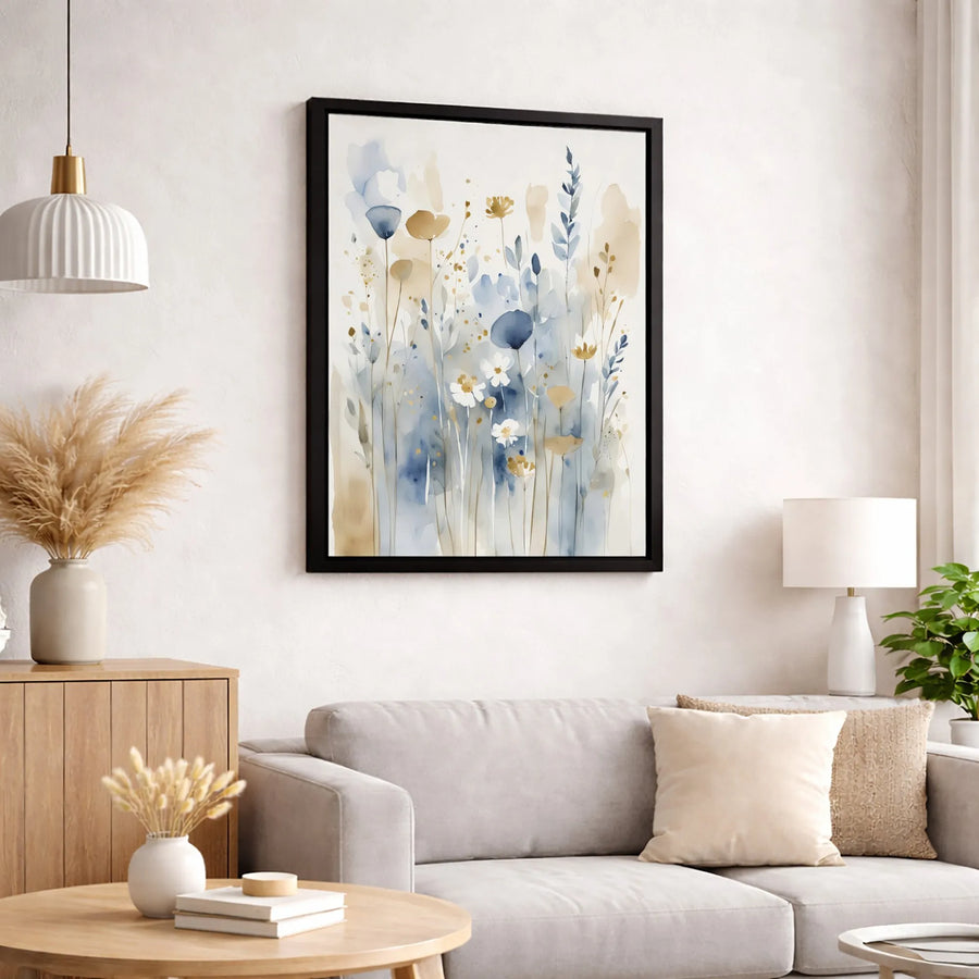 Blue And Beige Wildflower Canvas Print | Abstract Watercolor Botanical Art | 1.25-Inch Premium Gallery Profile | Modern Home Decor Wall Art