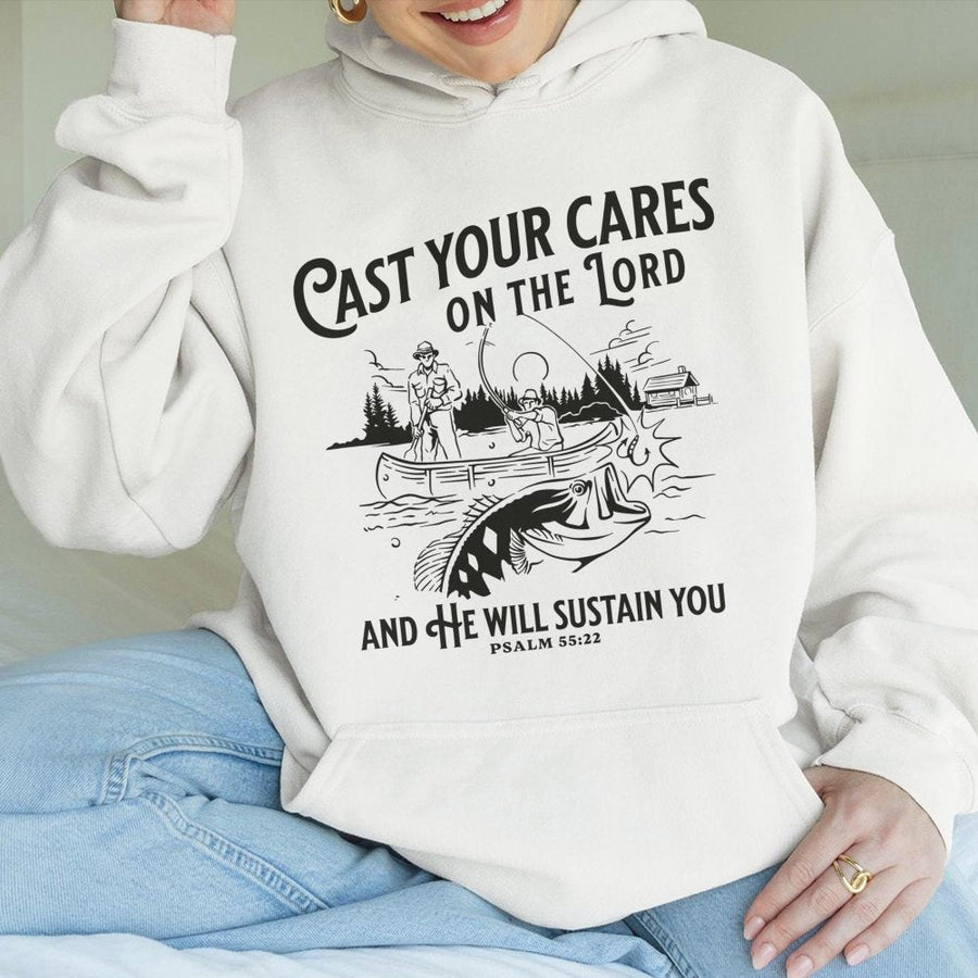 Cast Your Cares Hoodie | Psalm 55:22 Fishing Graphic | Cotton-Blend Comfort | Christian Gift for Fisherman & Believers