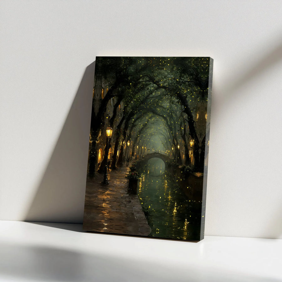 Enchanted Canal Canvas Print | Romantic Lamplit Riverwalk with Fireflies | Premium Gallery Wrapped Art | Living Room Wall Decor Gift