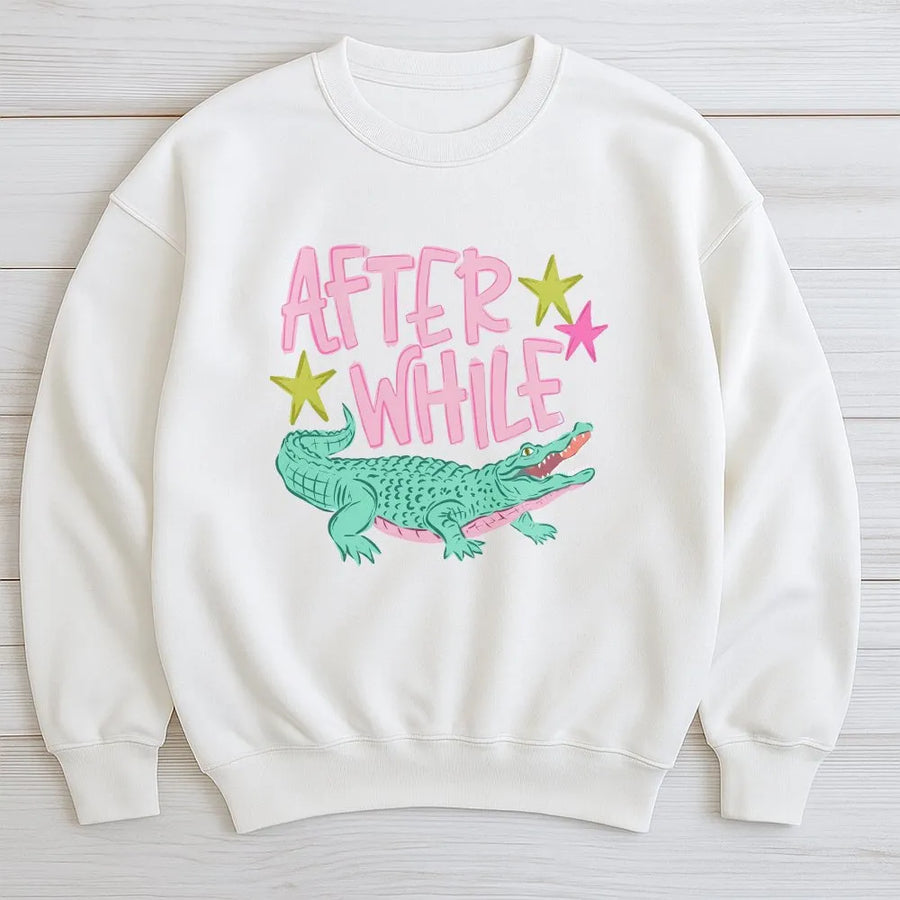 After While Crocodile Sweatshirt | Funny Cartoon Alligator Graphic Tee | Soft Cotton Unisex Top | Retro Animal Pun Novelty Gift