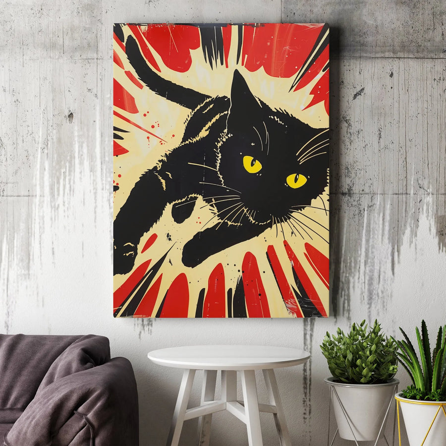 Black Cat Wall Art | Leaping Feline Pop Art Canvas | Premium 1.25-Inch Gallery Wrap | Gift for Cat Lovers and Modern Home Decor
