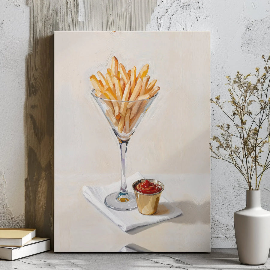 French Fries Martini Glass Canvas Print | Oil Painting Style Food Art | Gallery Wrap Wall Decor | Unique Kitchen Dining Room Gift