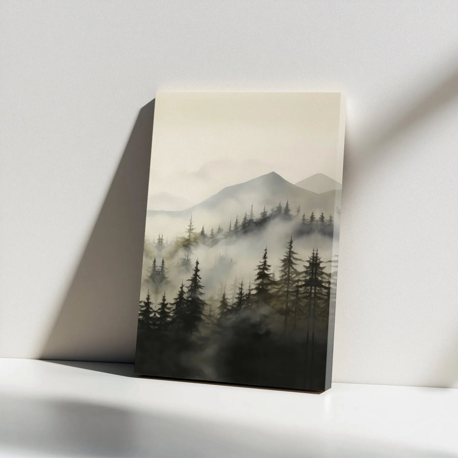 Misty Mountain Forest Canvas Wall Art | Foggy Pine Trees Landscape | Premium Gallery Wrap Stretched Print | Nature Lover Home Office Decor