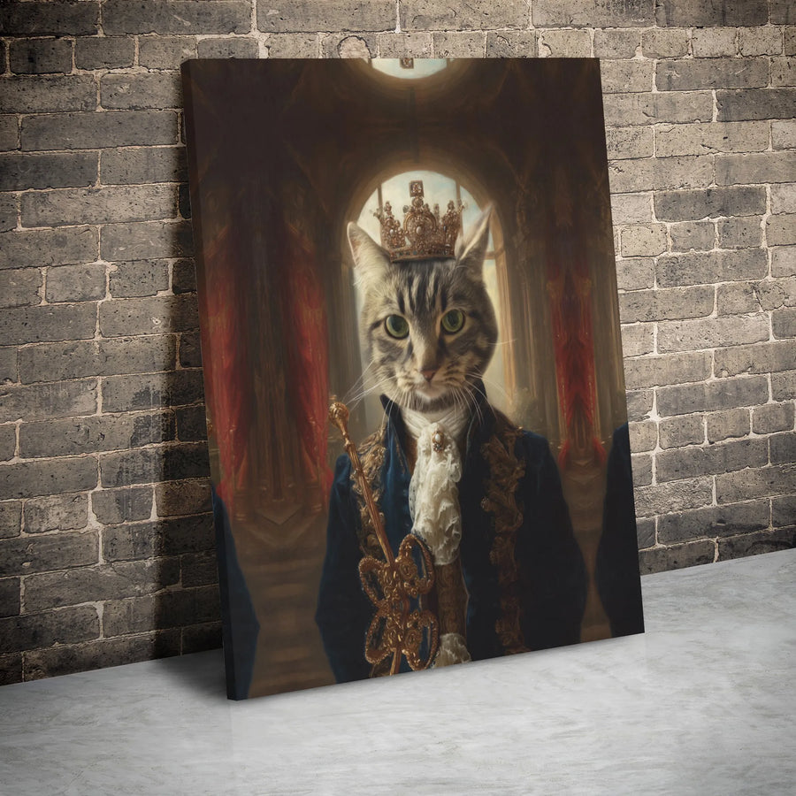 King Cat Portrait Canvas | Regal Tabby Cat in Crown and Royal Robes | Premium Gallery Wrap Wall Art | Unique Pet Lover Gift for Home Decor