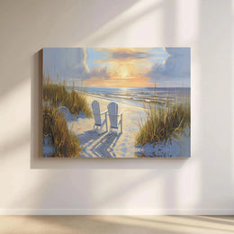 Coastal Beach Canvas Wall Art | Adirondack Chairs at Sunset Landscape | Gallery Quality Wrapped Print | Relaxing Home Decor Gift
