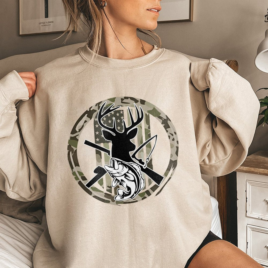 Outdoorsman Sweatshirt | Hunting Fishing Deer Graphic Camo USA Flag | Premium Cotton Blend | Gift for Hunter Fisherman Men Women