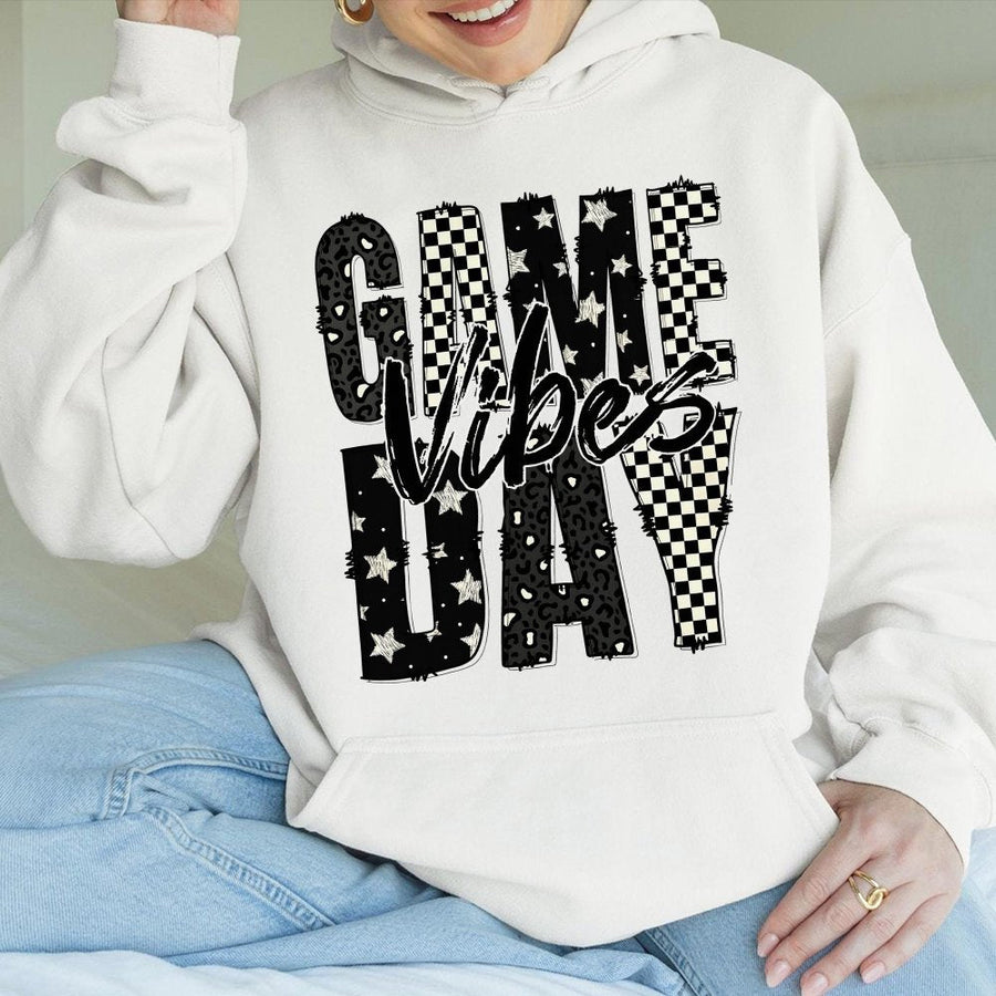Game Day Vibes Hoodie | Checkered Leopard Print Sport Graphic | Cotton-Blend Premium Apparel | Trendy Gift For Football Mom Fan