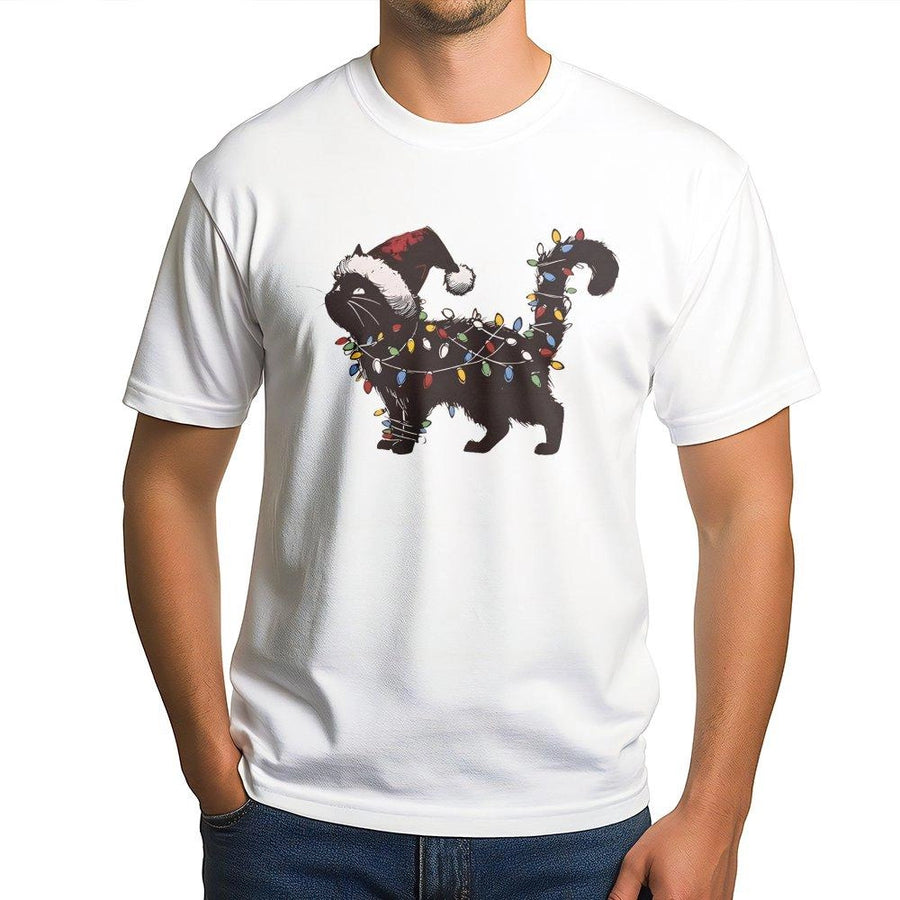 Black Cat Christmas T-Shirt | Santa Hat And String Lights Graphic | Premium Soft Cotton Tee | Cute Holiday Gift For Cat Lovers