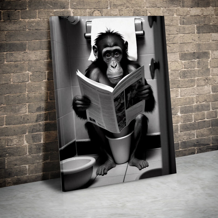 Funny Chimp Reading Newspaper Canvas | Bathroom Humor Wall Art | Premium Gallery Wrapped Print | Unique Gift for Monkey Lovers