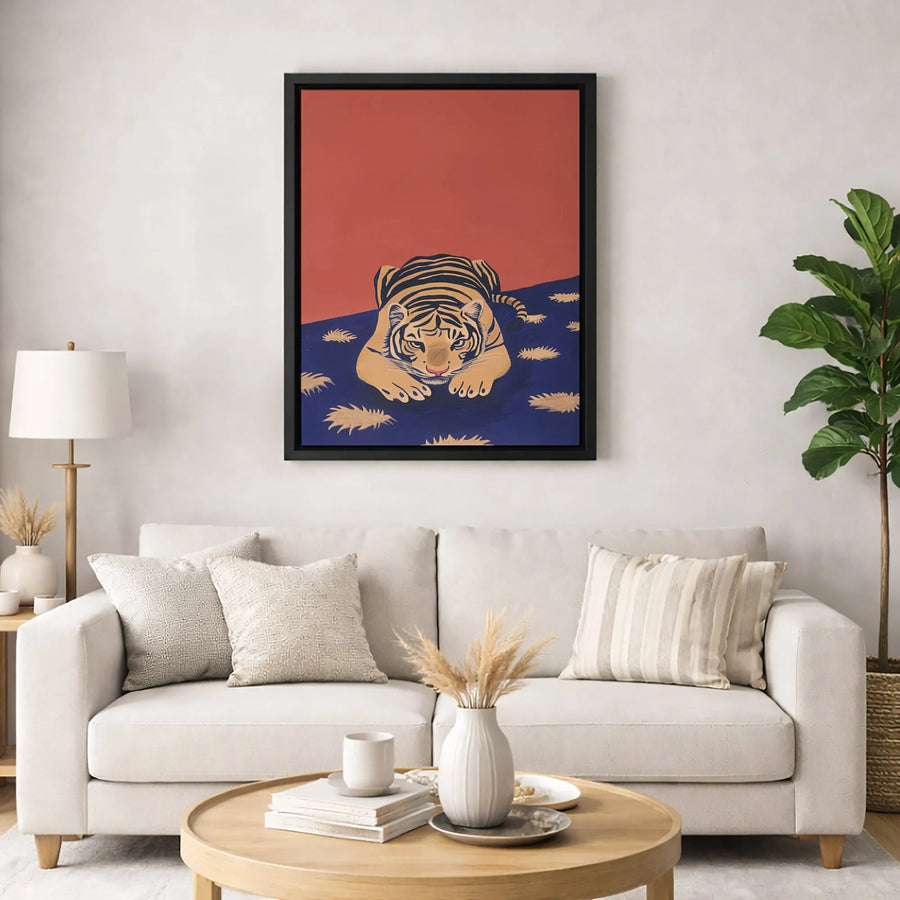Crouching Tiger Canvas Wall Art | Minimalist Animal Illustration | Premium Gallery Wrapped Decor | Modern Wildlife Home Decor Gift