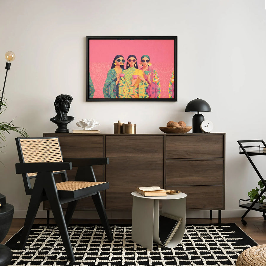 Fashionable Women Wall Art | Stylish Traditional Attire Trio with Sunglasses | Premium Gallery-Wrapped Canvas Print | Modern Home Decor Gift