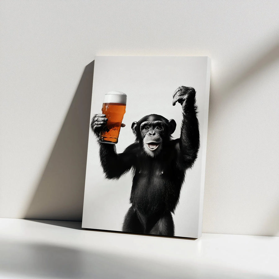Funny Chimp with Beer Canvas Print | Black and White Animal Photography | Premium Gallery Wrapped Canvas | Man Cave Decor Gift for Beer Lover