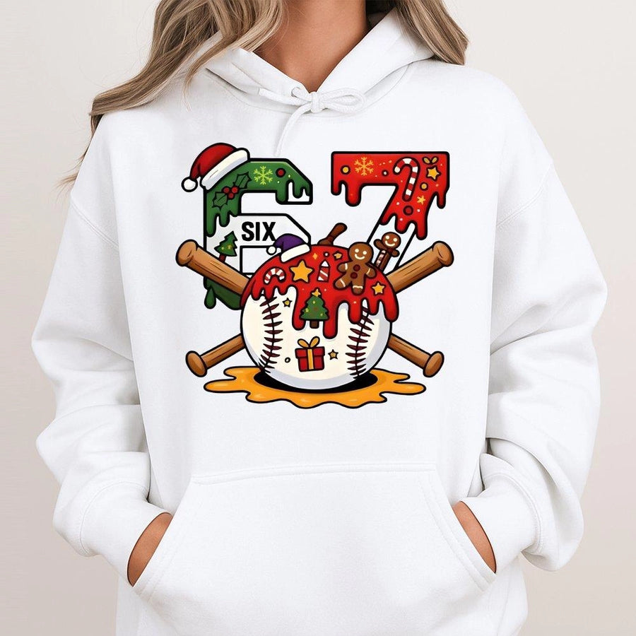 Christmas Baseball Hoodie | 67 Number Design with Santa Hat and Bats | Premium Cotton-Poly Blend | Festive Sports Gift for Baseball Fans