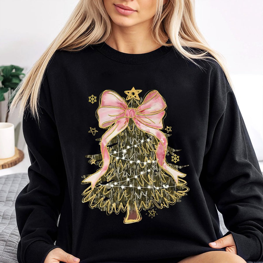 Camo Christmas Tree Sweatshirt | Coquette Pink Bow Graphic | Premium Cotton Blend | Trendy Holiday Gift for Her