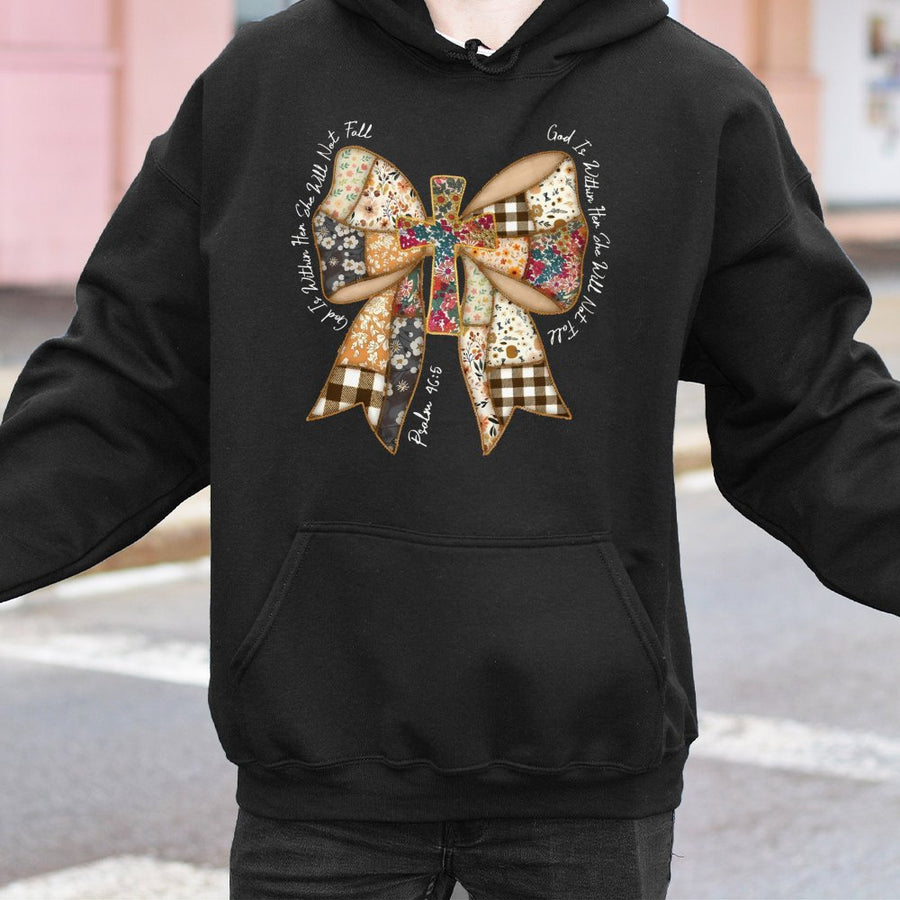 God Is Within Her Hoodie | Psalm 46:5 Patchwork Bow Cross Design | Premium Cotton Blend | Christian Faith Gift for Women & Teens