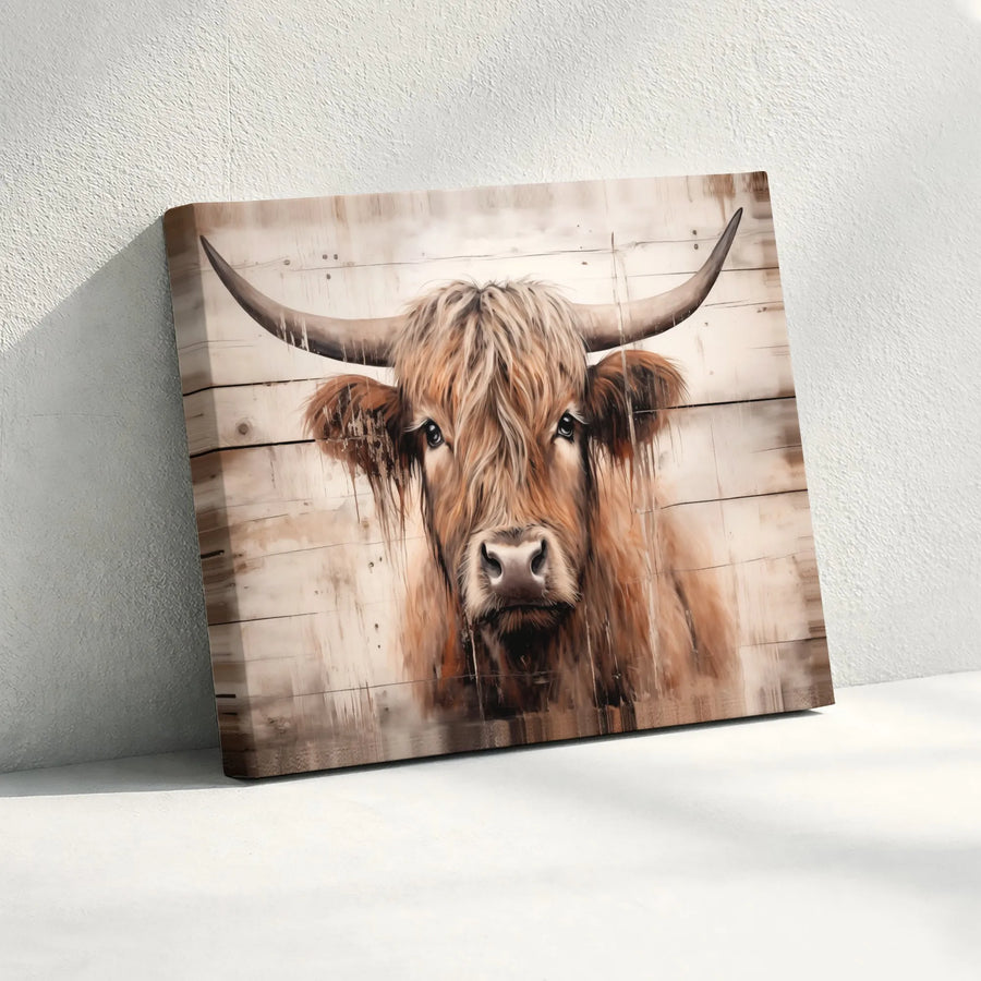 Rustic Highland Cow Horizontal Canvas | Shabby Chic Bull Portrait with Faux Wood Panel Design | Premium 1.25 Inch Gallery Wrap | Modern Farmhouse Wall Art Gift for Country Home Lovers