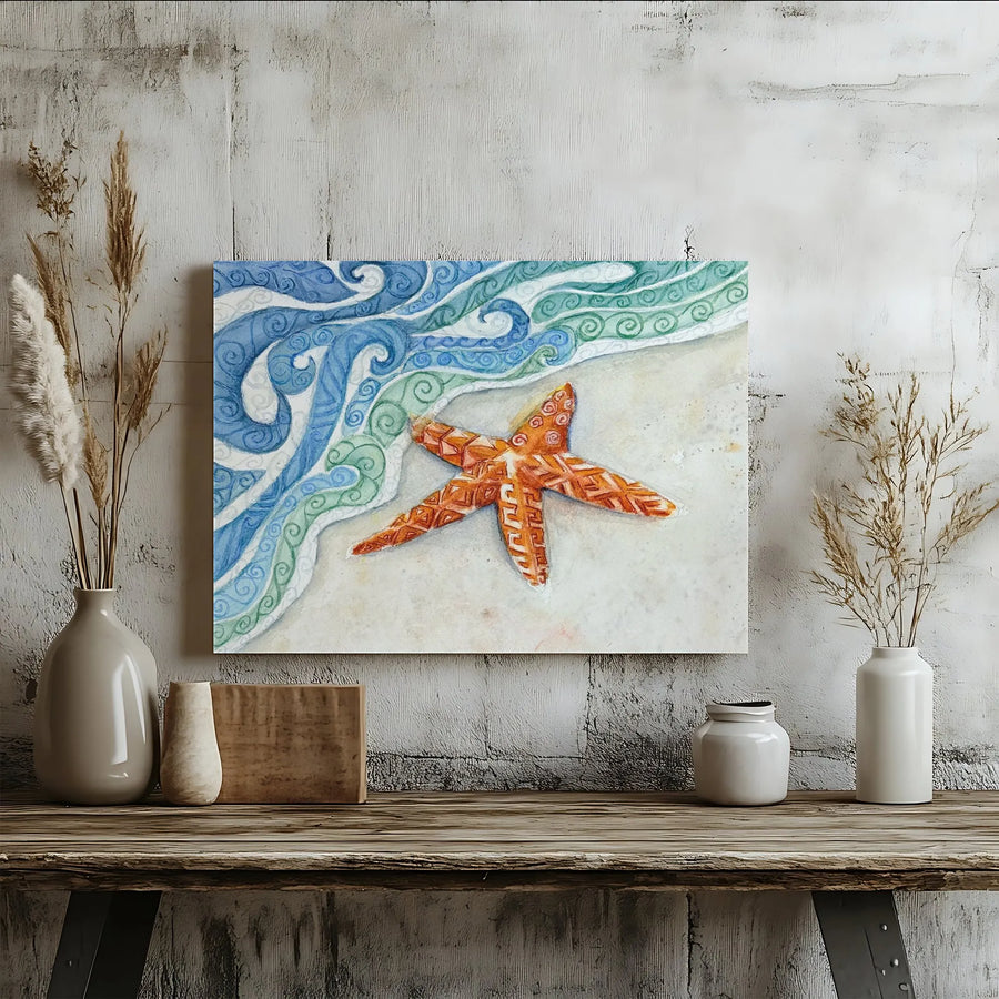 Starfish Canvas Wall Art | Watercolor Ocean Beach Scene | Premium Gallery Wrapped Print | Coastal Living Room Decor Gift