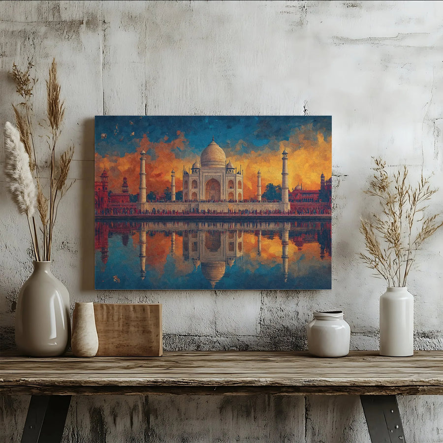 Taj Mahal Canvas Wall Art | Vibrant Impressionist Sunset Painting Print | Premium Gallery Wrapped Canvas | India Landmark Decor Gift for Traveler