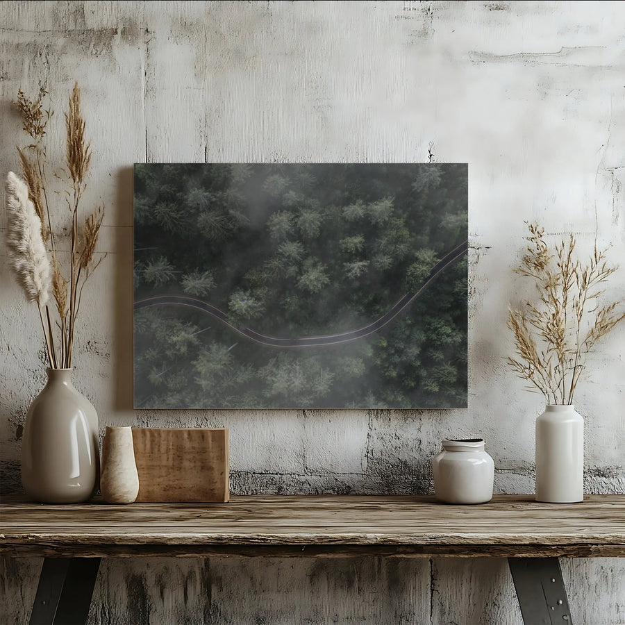Aerial Forest Road Canvas Print | Moody Drone Photography Wall Art | Premium Gallery Wrap | Modern Nature Decor Gift for Living Room