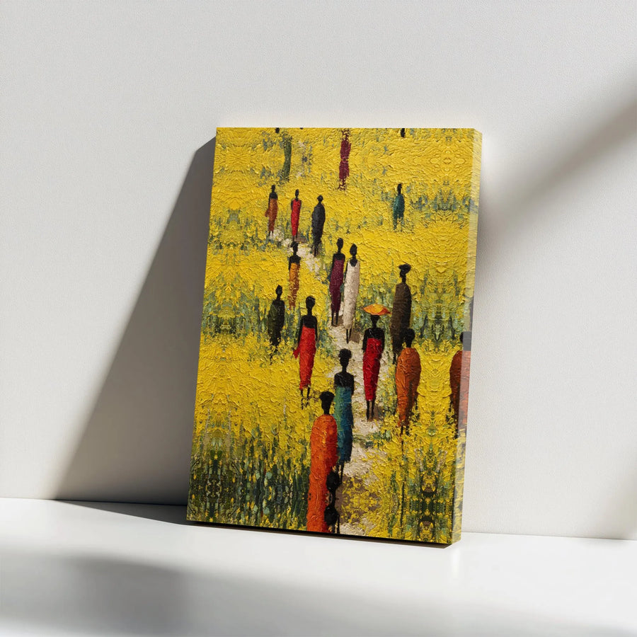 African Art Canvas Wall Art | Abstract Village People in Yellow Field | Gallery Quality Print | Afrocentric Home Decor Gift