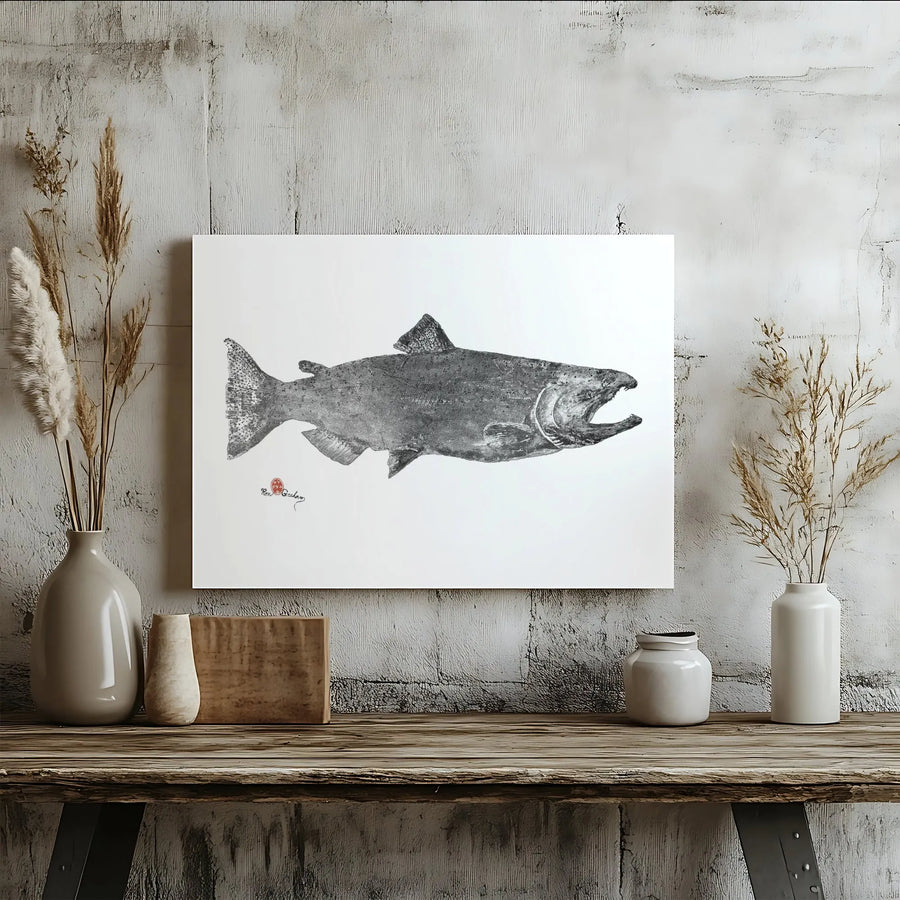 Salmon Gyotaku Fish Wall Art | Japanese Fish Rubbing Print | Premium Gallery Wrapped Canvas | Minimalist Nature Gift for Fisherman