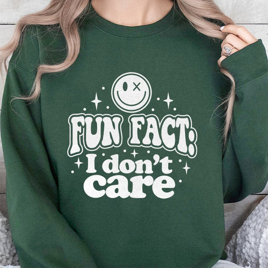 Fun Fact I Don't Care Sweatshirt | Sarcastic Smiley Face Graphic | Premium Cotton Blend | Funny Trendy Gift for Her or Him