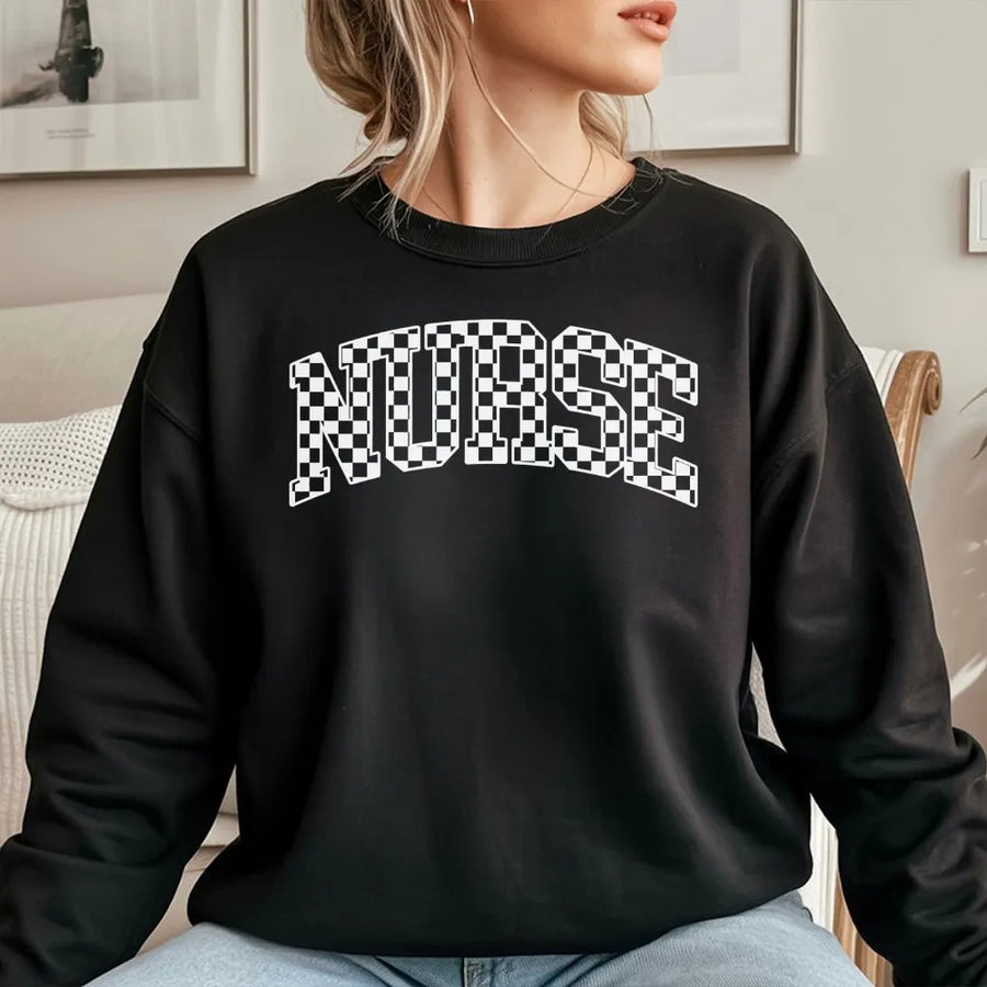 Nurse Sweatshirt | Checkered Varsity Letter Design | Premium Cotton Blend Crewneck | Graduation Gift for RN Nurse Student