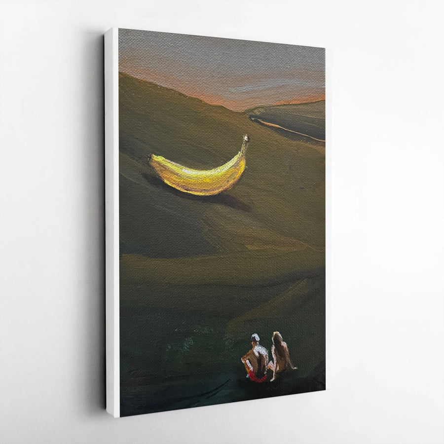 Surreal Banana Art Vertical Canvas | Giant Floating Banana Painting, Vintage Oil Painting Style | Premium Thick Canvas | Funny Quirky Home Decor Gift