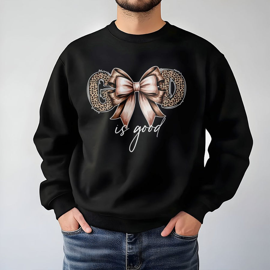 God Is Good Sweatshirt | Leopard Bow Christian Graphic Tee | Premium Cotton Blend | Faith Inspired Religious Gift for Women