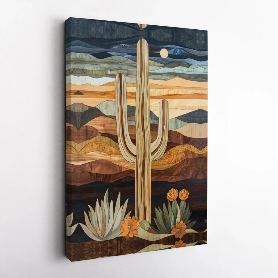 Saguaro Cactus Desert Wall Art | Southwestern Wood Marquetry Style Print | Premium Gallery Wrap Canvas | Modern Home & Office Decor Gift
