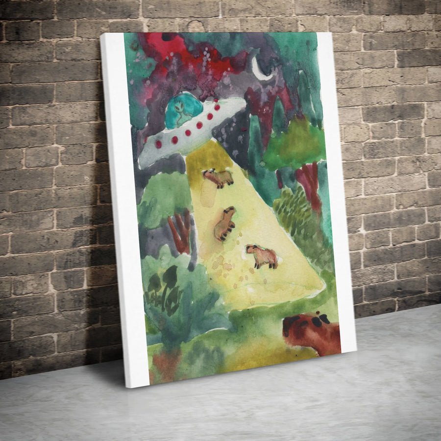 Funny Capybara UFO Wall Art | Watercolor Alien Abduction Painting Print | Premium Gallery Canvas | Unique Weirdcore Decor Gift for Sci-Fi Lover