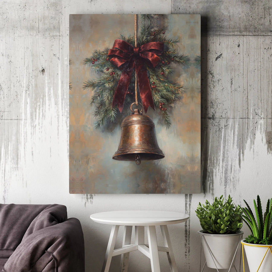 Vintage Christmas Bell Canvas Art | Rustic Pine Bough With Red Bow Print | Gallery Quality 1.25" Profile | Holiday Wall Decor Gift