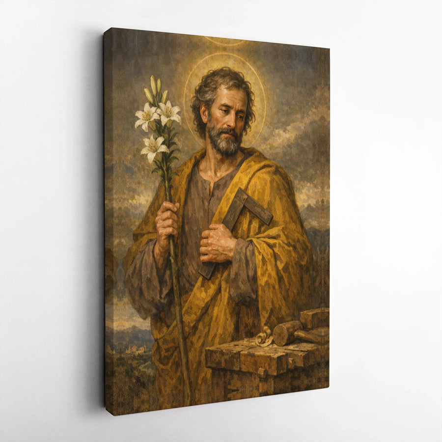 Saint Joseph Canvas Print | Classical Religious Portrait with Lilies | Premium Gallery Wrapped Canvas | Christian Home Decor Gift for Dad