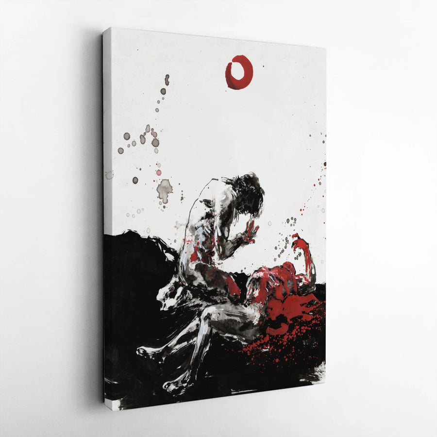 Japanese Ink Wash Canvas Art | Abstract Samurai Battle Painting | Premium 1.25" Gallery Wrapped Canvas | Modern Sumi-e Style Wall Decor Gift
