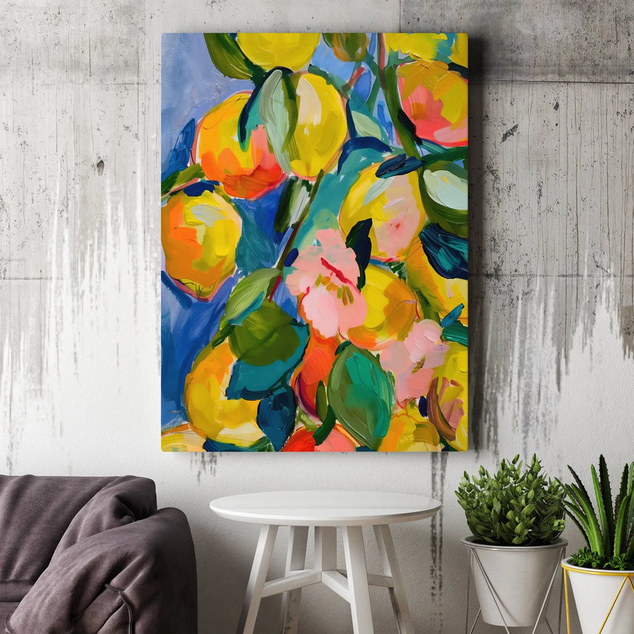 Abstract Lemon Tree Vertical Canvas | Vibrant Citrus Fruit Painting | Premium Gallery Wrapped Canvas | Modern Kitchen & Dining Room Decor Gift