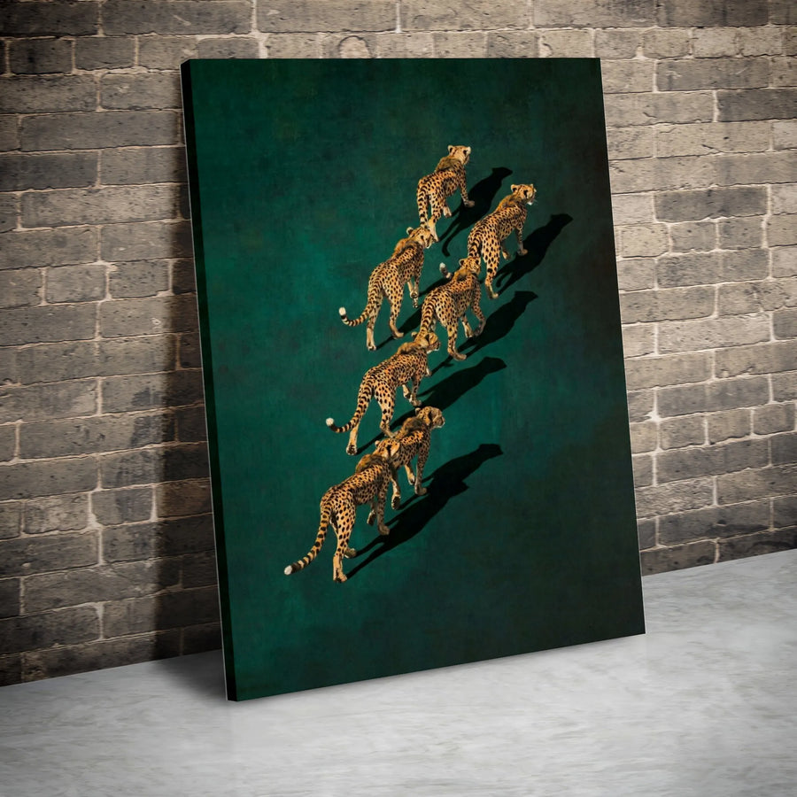 Cheetah Canvas Wall Art | Modern Walking Big Cats on Emerald Green | Premium Thick Gallery Canvas | Collector's Wildlife Art for Living Room