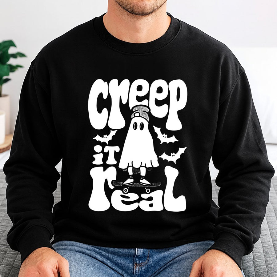 Creep It Real Halloween Sweatshirt | Retro Skater Ghost Graphic | Premium Cotton Blend | Spooky Season Gift for Men and Women