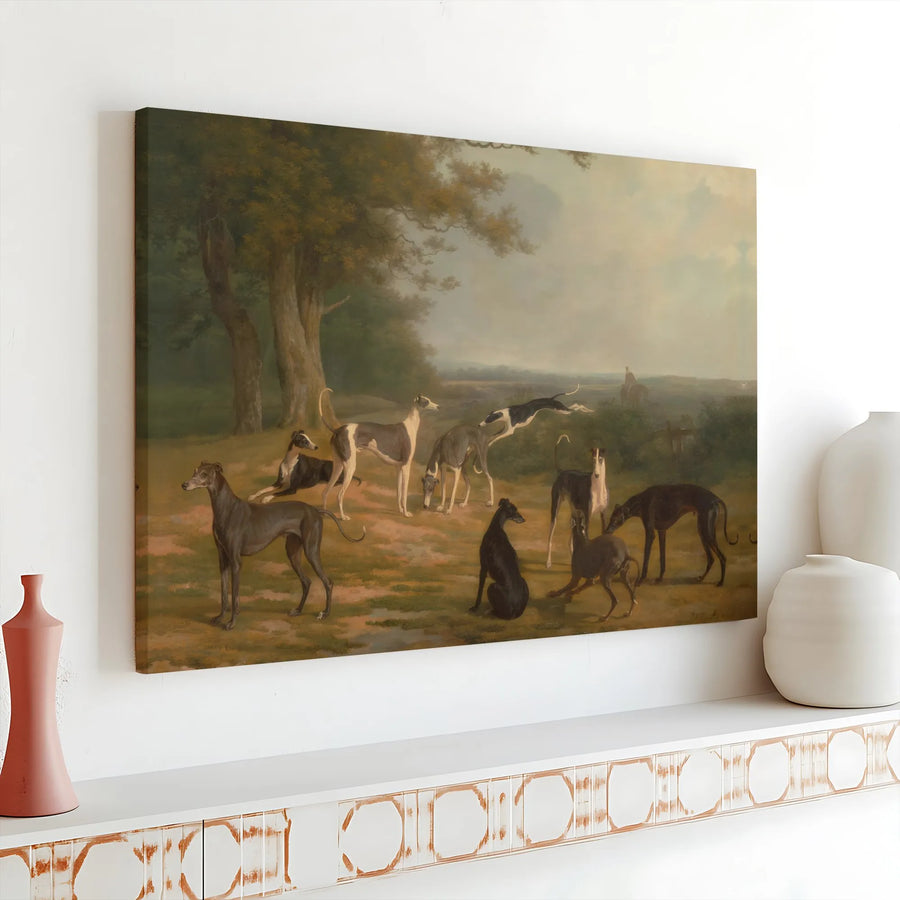 Greyhound Dog Painting Canvas | Classic Equestrian Art Print | 1.25" Gallery Wrap Premium Decor | Antique Landscape Wall Art for Dog Lovers