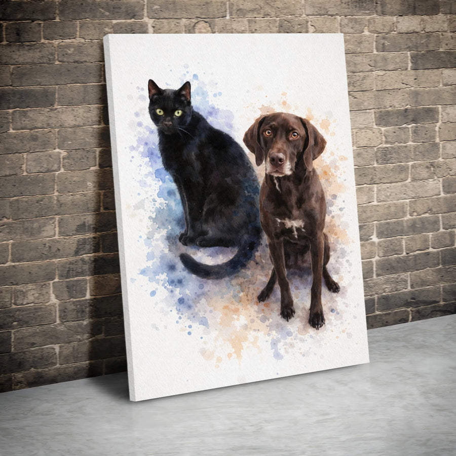 Cat and Dog Wall Art Canvas | Watercolor Black Cat & Brown Dog Portrait | Premium Gallery Wrapped Canvas | Gift for Pet Lover & Vet Office Decor