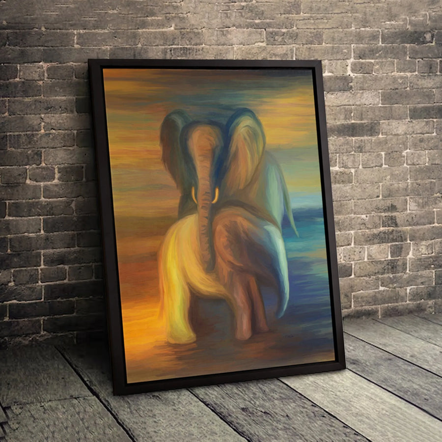 Elephant Canvas Wall Art | Abstract Impressionist Two Elephants Print | Premium Gallery-Wrapped Decor | Animal Lover Gift for Home Office