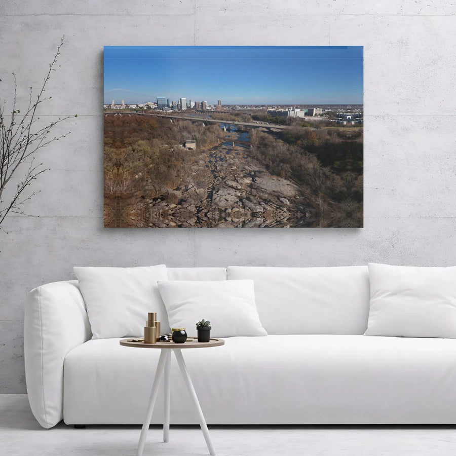 Richmond Virginia Skyline Canvas | James River Rapids Aerial View | Premium Gallery Wrap Wall Art | Urban Landscape Home Office Decor