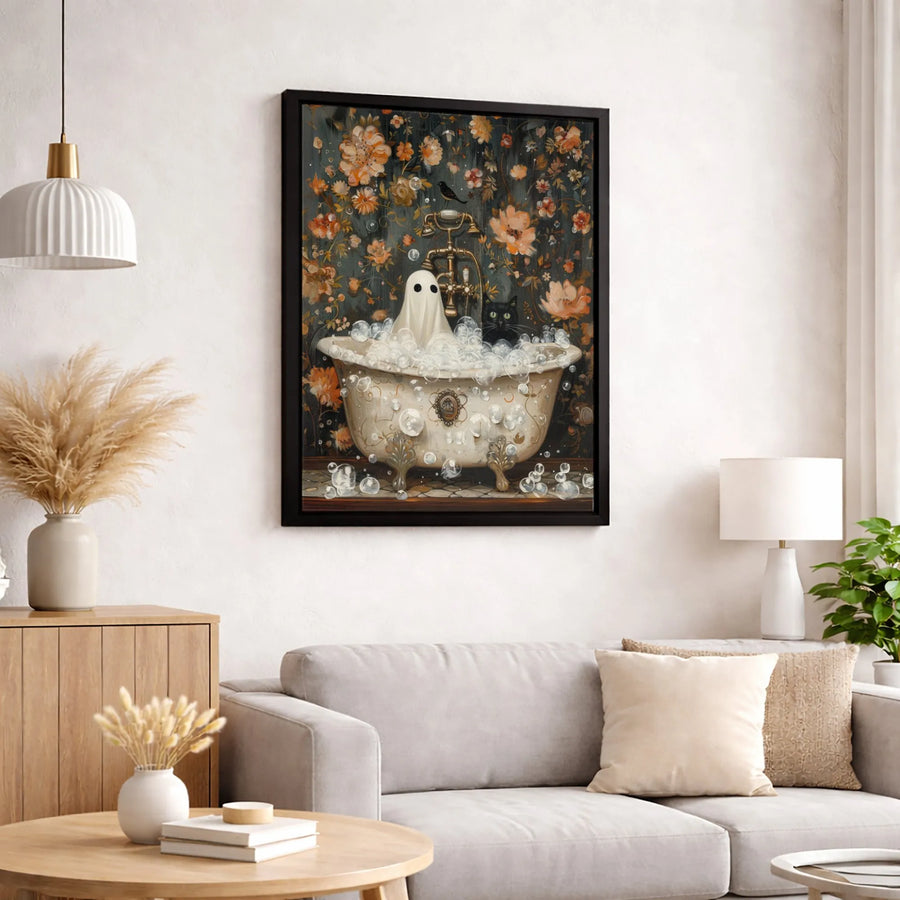 Ghost and Black Cat Wall Art | Vintage Bathtub Floral Decor | Gallery Wrapped Premium Canvas | Spooky Halloween Home Decor Gift