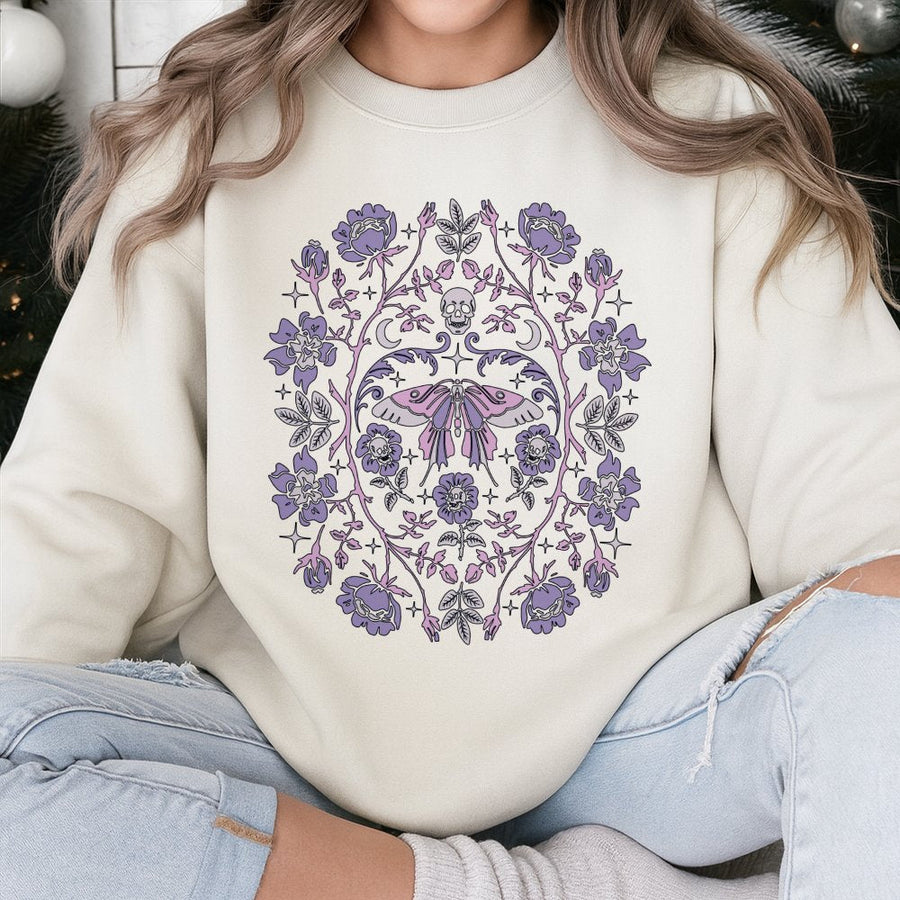 Gothic Garden Sweatshirt | Moth Skull Floral Graphic | Cotton Blend Premium Crewneck | Pastel Goth Dark Academia Gift for Her